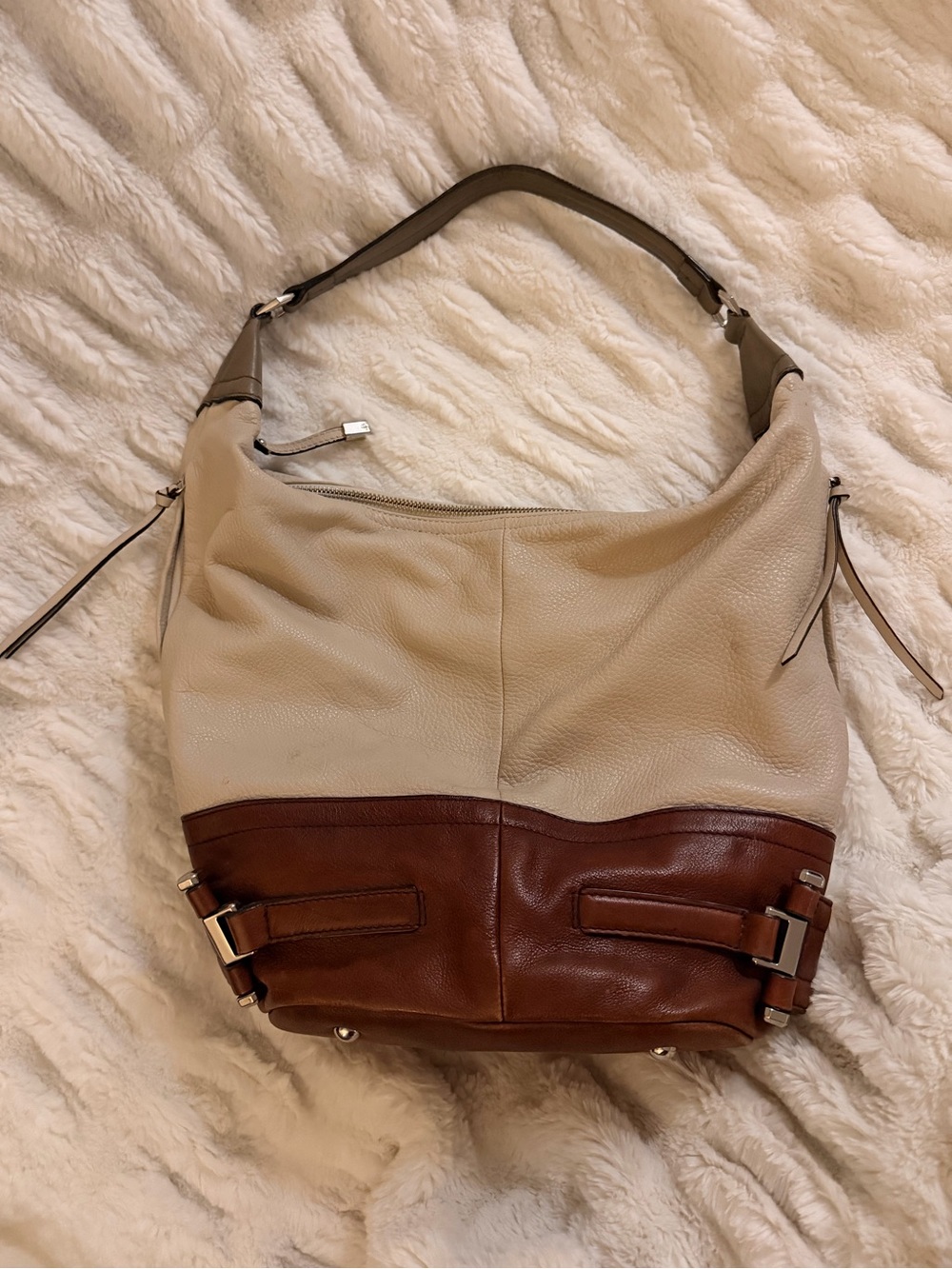 B Makowsky Two-Tone Cream and Brown Leather Bucket Bag